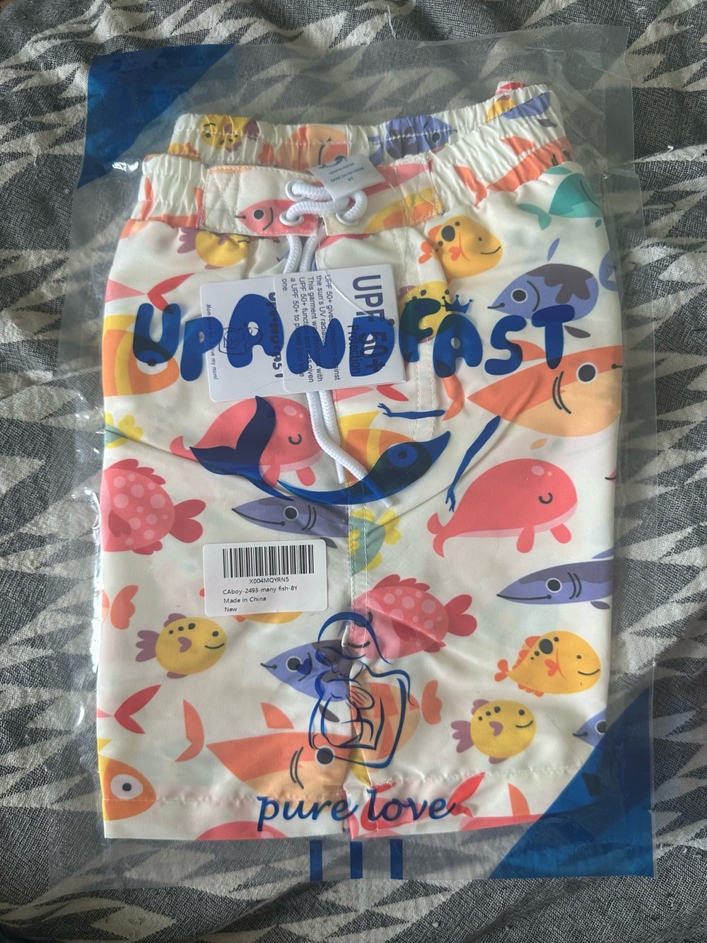 NWT UpandFast “Pure Love” Many Fish Swim Trunks 8Y | UPF 50+ | Cute Cartoon Fish